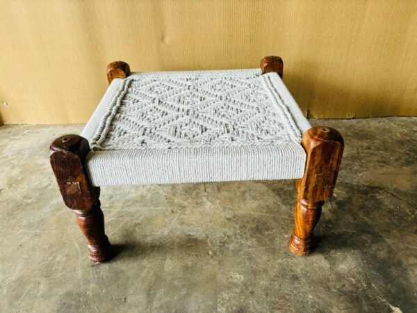 Handmade Wooden Chowki:Traditional Indian Pidha Jute Furniture in Yellow and Blue-Authentic Wooden Stool Masterpiece - Image 2