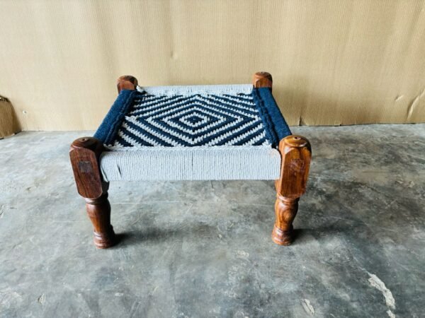 Handmade Wooden Chowki:Traditional Indian Pidha Jute Furniture in Yellow and Blue-Authentic Wooden Stool Masterpiece - Image 3