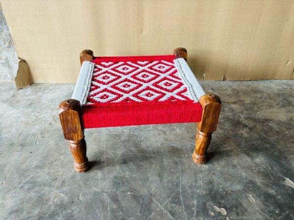 Handmade Wooden Chowki:Traditional Indian Pidha Jute Furniture in Yellow and Blue-Authentic Wooden Stool Masterpiece